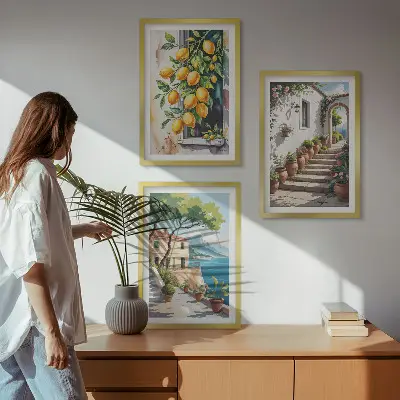Cadre photo mural citrons, fleurs et vue sur la mer