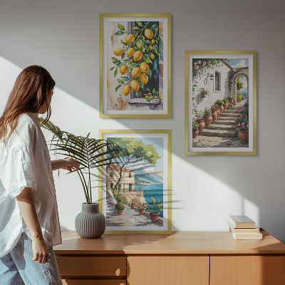 Cadre photo mural Citrons, fleurs, vue sur la mer