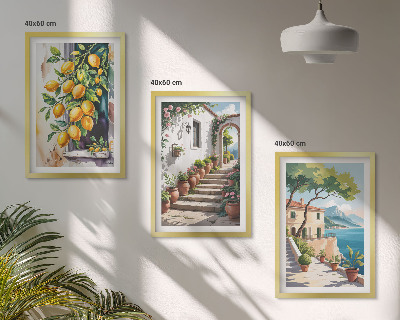 Cadre photo mural Citrons, fleurs, vue sur la mer