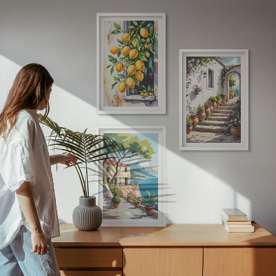 Cadre photo mural Citrons, fleurs, vue sur la mer