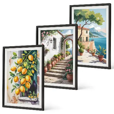 Cadre photo mural citrons, fleurs et vue sur la mer