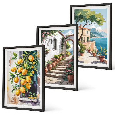 Cadre photo mural Citrons, fleurs, vue sur la mer