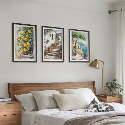 Cadre photo mural citrons, fleurs et vue sur la mer