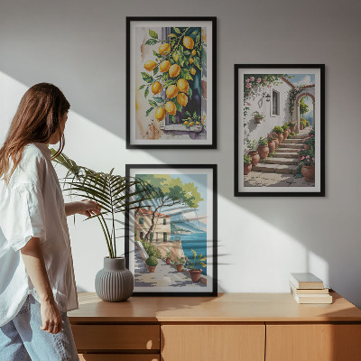 Cadre photo mural Citrons, fleurs, vue sur la mer