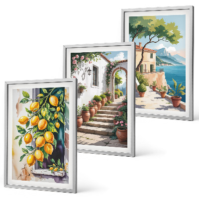 Cadre photo mural Citrons, fleurs, vue sur la mer