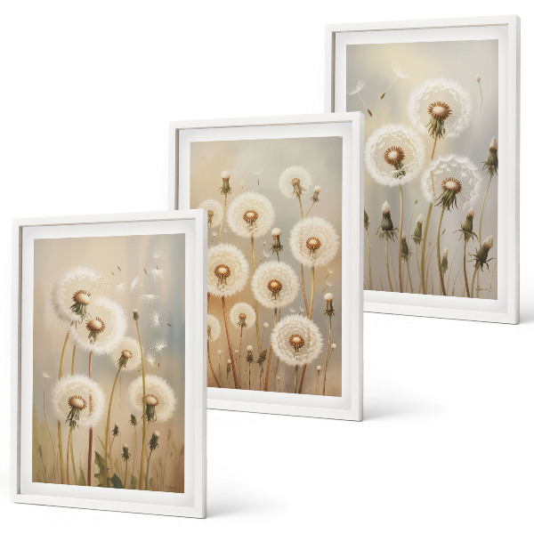 Lot de 3 tableaux pour salon Pissenlits blancs sur fond clair