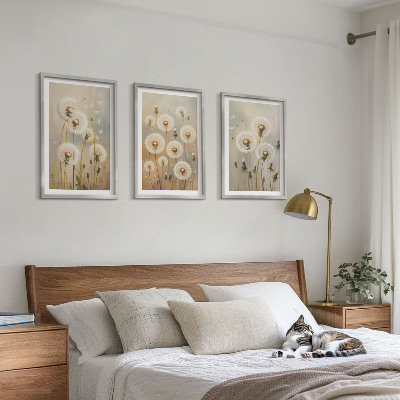 Lot de 3 tableaux pour salon Pissenlits blancs sur fond clair