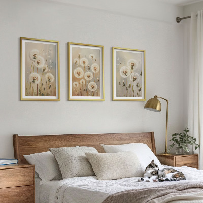Lot de 3 tableaux pour salon Pissenlits blancs sur fond clair