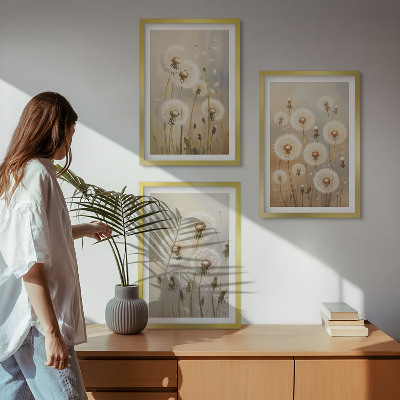 Lot de 3 tableaux pour salon Pissenlits blancs sur fond clair