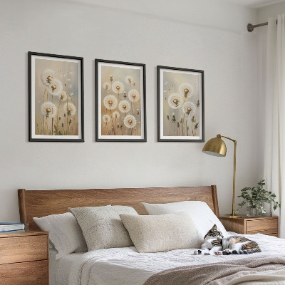 Lot de 3 tableaux pour salon Pissenlits blancs sur fond clair