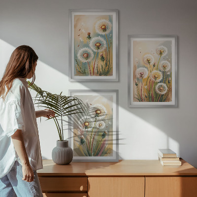Lot de 3 tableaux pour salon Fleurs de pissenlit herbes pastel