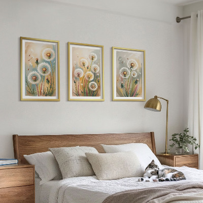 Lot de 3 tableaux pour salon Fleurs de pissenlit herbes pastel