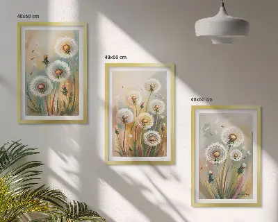 Lot de 3 tableaux pour salon fleurs de pissenlit aux herbes dans des tons pastel