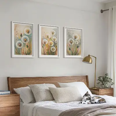 Lot de 3 tableaux pour salon fleurs de pissenlit aux herbes dans des tons pastel