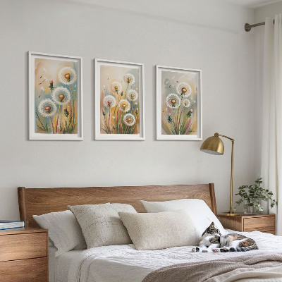 Lot de 3 tableaux pour salon Fleurs de pissenlit herbes pastel