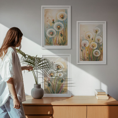 Lot de 3 tableaux pour salon Fleurs de pissenlit herbes pastel