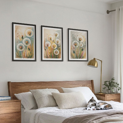 Lot de 3 tableaux pour salon Fleurs de pissenlit herbes pastel