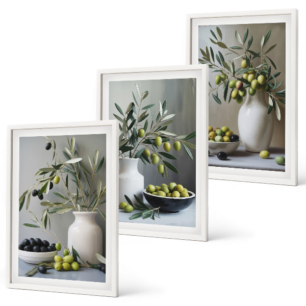 Lot de 3 tableaux pour salon Olives dans des vases gris