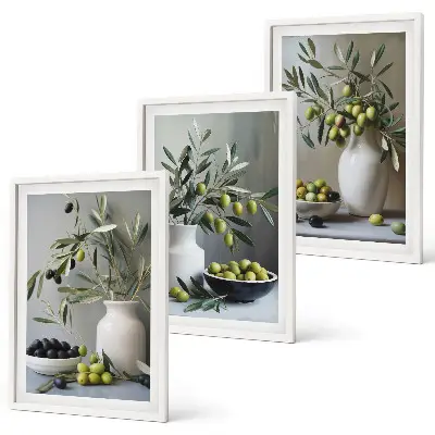 Lot de 3 tableaux pour salon représentant des olives dans des vases gris