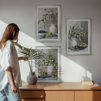 Lot de 3 tableaux pour salon Olives dans des vases gris
