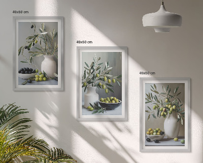 Lot de 3 tableaux pour salon Olives dans des vases gris