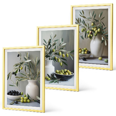 Lot de 3 tableaux pour salon Olives dans des vases gris