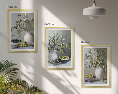 Lot de 3 tableaux pour salon Olives dans des vases gris
