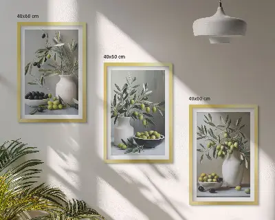 Lot de 3 tableaux pour salon représentant des olives dans des vases gris