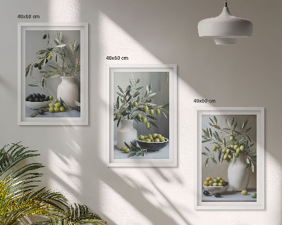 Lot de 3 tableaux pour salon Olives dans des vases gris