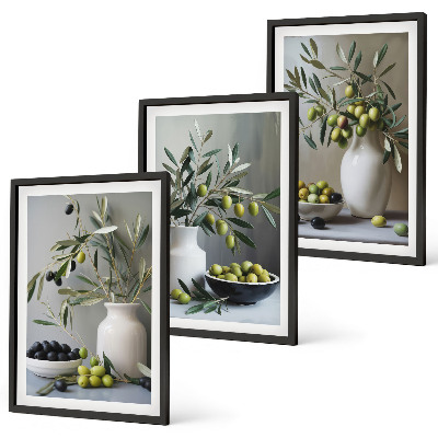 Lot de 3 tableaux pour salon Olives dans des vases gris