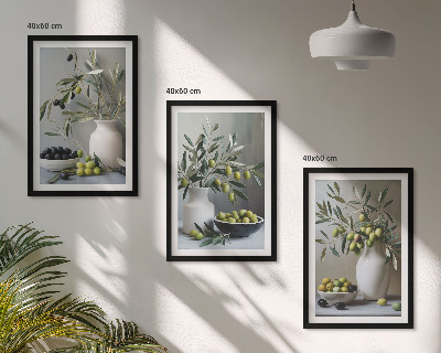 Lot de 3 tableaux pour salon Olives dans des vases gris