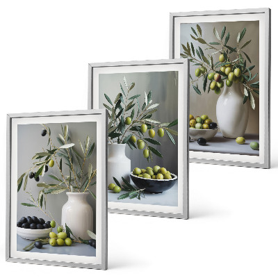 Lot de 3 tableaux pour salon Olives dans des vases gris