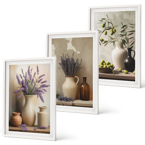 Lot de 3 tableaux pour salon Fleurs dans des vases, olives, décorations