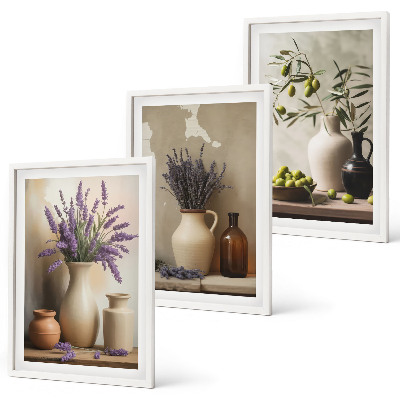Lot de 3 tableaux pour salon Fleurs dans des vases, olives, décorations