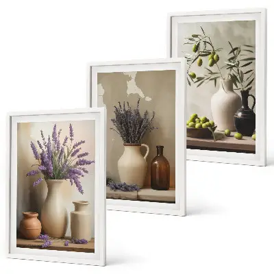 Lot de 3 tableaux pour salon représentant des fleurs dans des vases et des olives décoratives