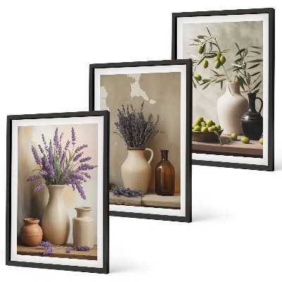 Lot de 3 tableaux pour salon Fleurs dans des vases, olives, décorations