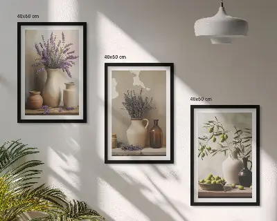 Lot de 3 tableaux pour salon représentant des fleurs dans des vases et des olives décoratives