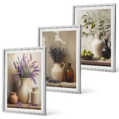 Lot de 3 tableaux pour salon Fleurs dans des vases, olives, décorations