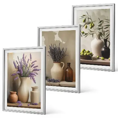 Lot de 3 tableaux pour salon représentant des fleurs dans des vases et des olives décoratives