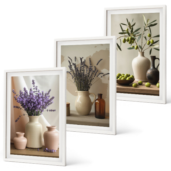 Lot de 3 tableaux pour salon Fleurs de lavande, olives, vases