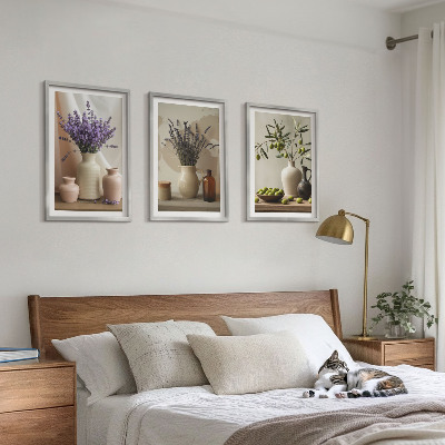 Lot de 3 tableaux pour salon Fleurs de lavande, olives, vases