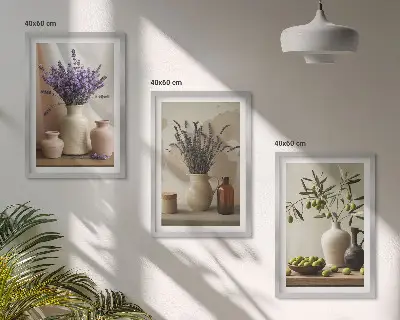 Lot de 3 tableaux pour salon représentant des fleurs de lavande, des olives et des vases