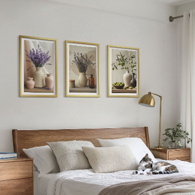 Lot de 3 tableaux pour salon Fleurs de lavande, olives, vases