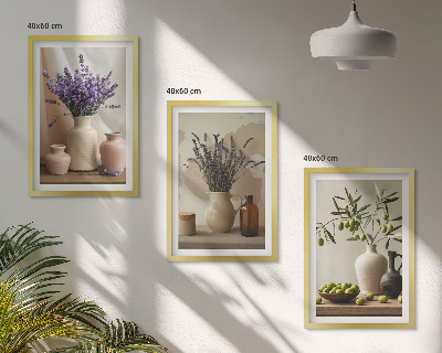 Lot de 3 tableaux pour salon Fleurs de lavande, olives, vases