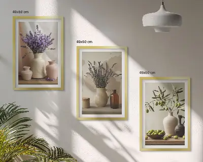 Lot de 3 tableaux pour salon représentant des fleurs de lavande, des olives et des vases