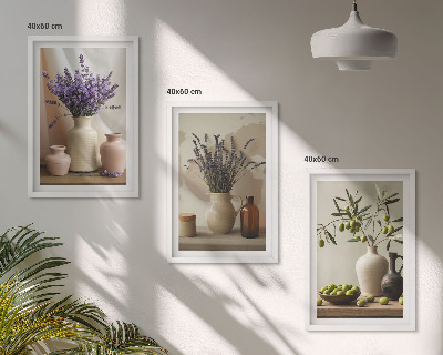 Lot de 3 tableaux pour salon Fleurs de lavande, olives, vases