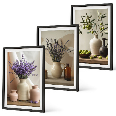Lot de 3 tableaux pour salon Fleurs de lavande, olives, vases