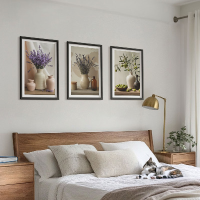 Lot de 3 tableaux pour salon Fleurs de lavande, olives, vases