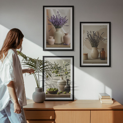 Lot de 3 tableaux pour salon Fleurs de lavande, olives, vases