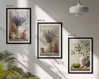 Lot de 3 tableaux pour salon Fleurs de lavande, olives, vases